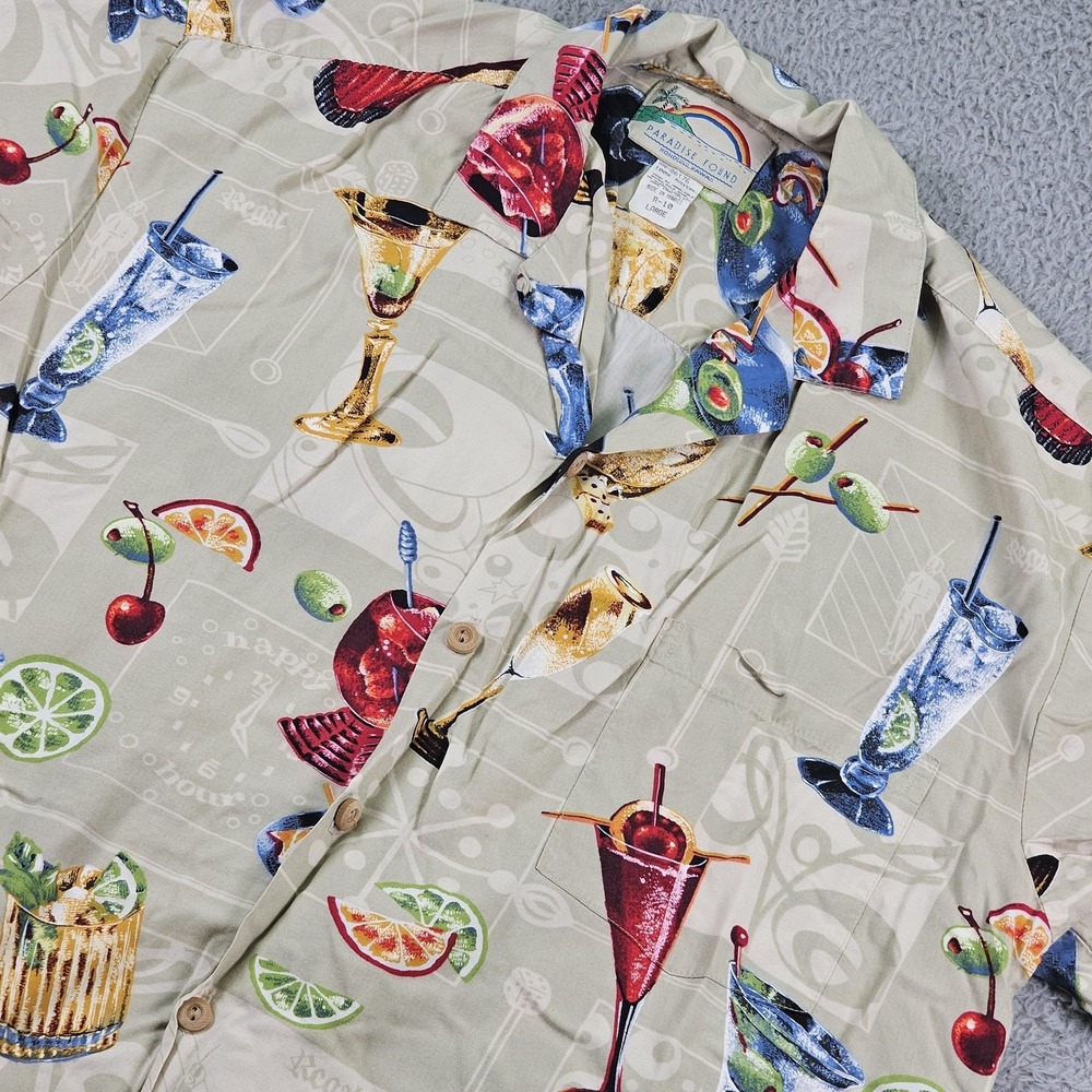Paradise Found Shirt Mens Large Beige Cocktail Hawaiian Rayon Made In Hawaii